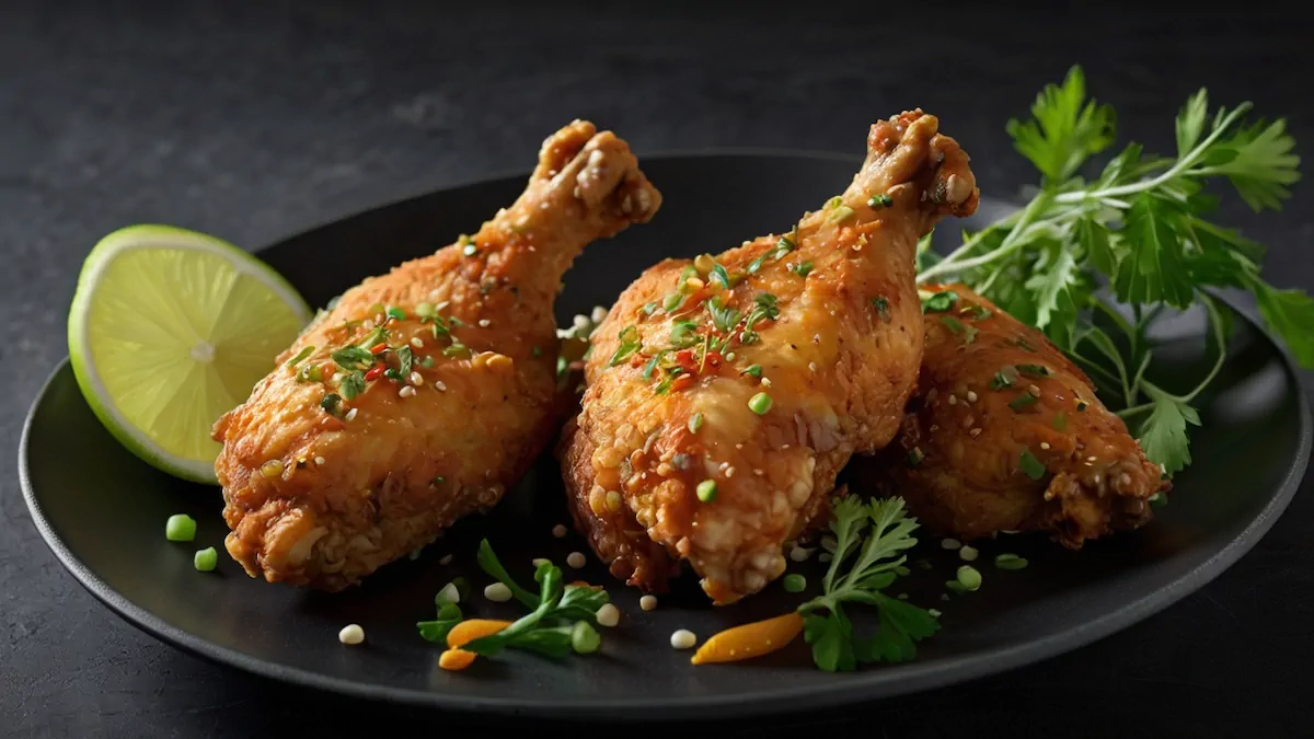 Fried chicken served in a black plate garnished with green herbs and sesame seeds.