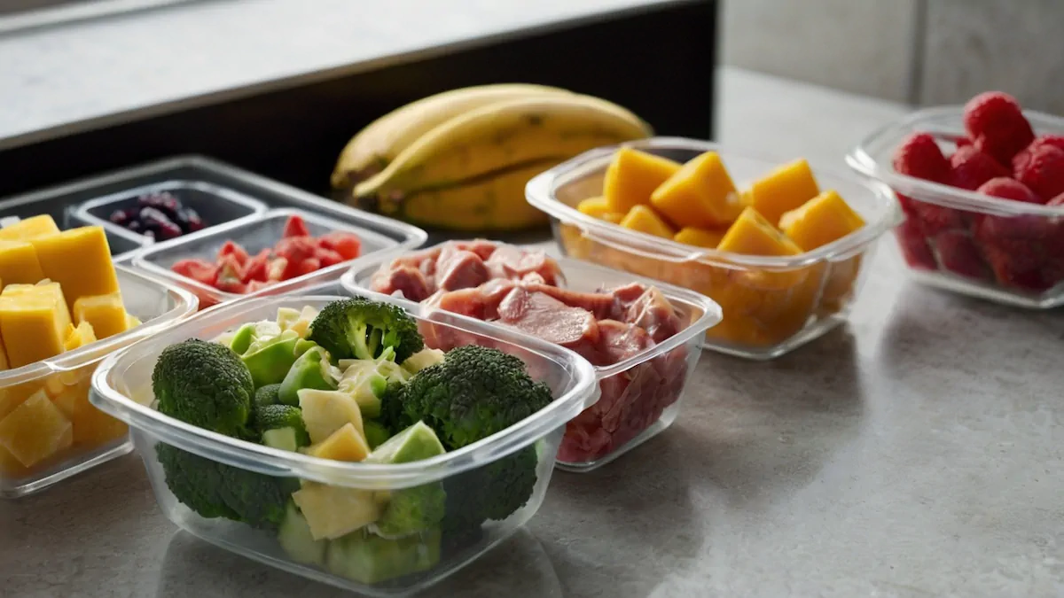 Frozen food including meats, veggies and fruits on different airtight containers.