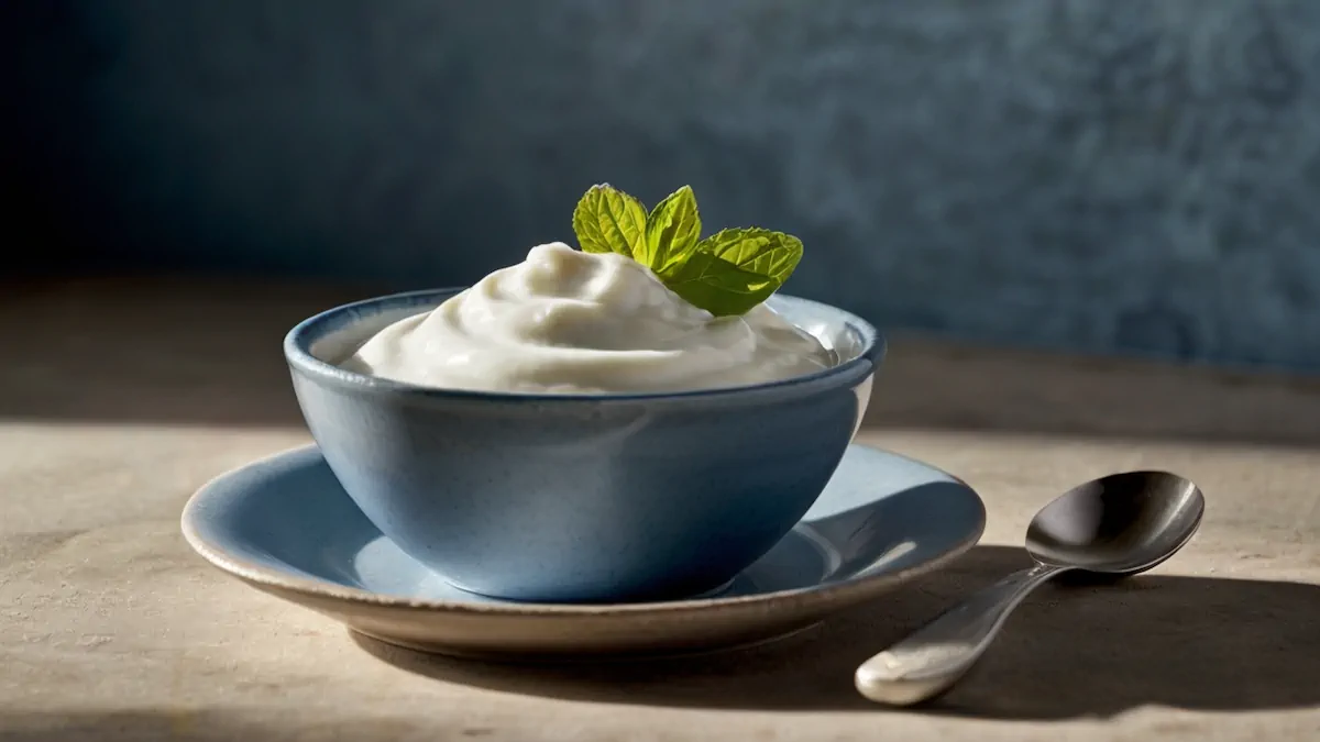 A rich yogurt served in a blue ceramic bowl alongside a spoon.