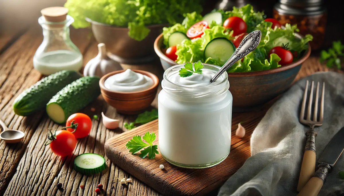Greek yogurt dressing in a glass jar with a spoon beside a bowl of salad.