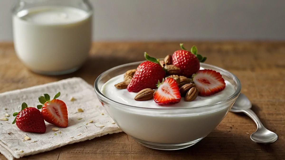 A glass bowl of Greek yogurt garnished with strawberries.