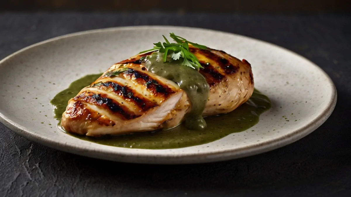 Grilled chicken breast with grill marks with a sauce on a white plate.