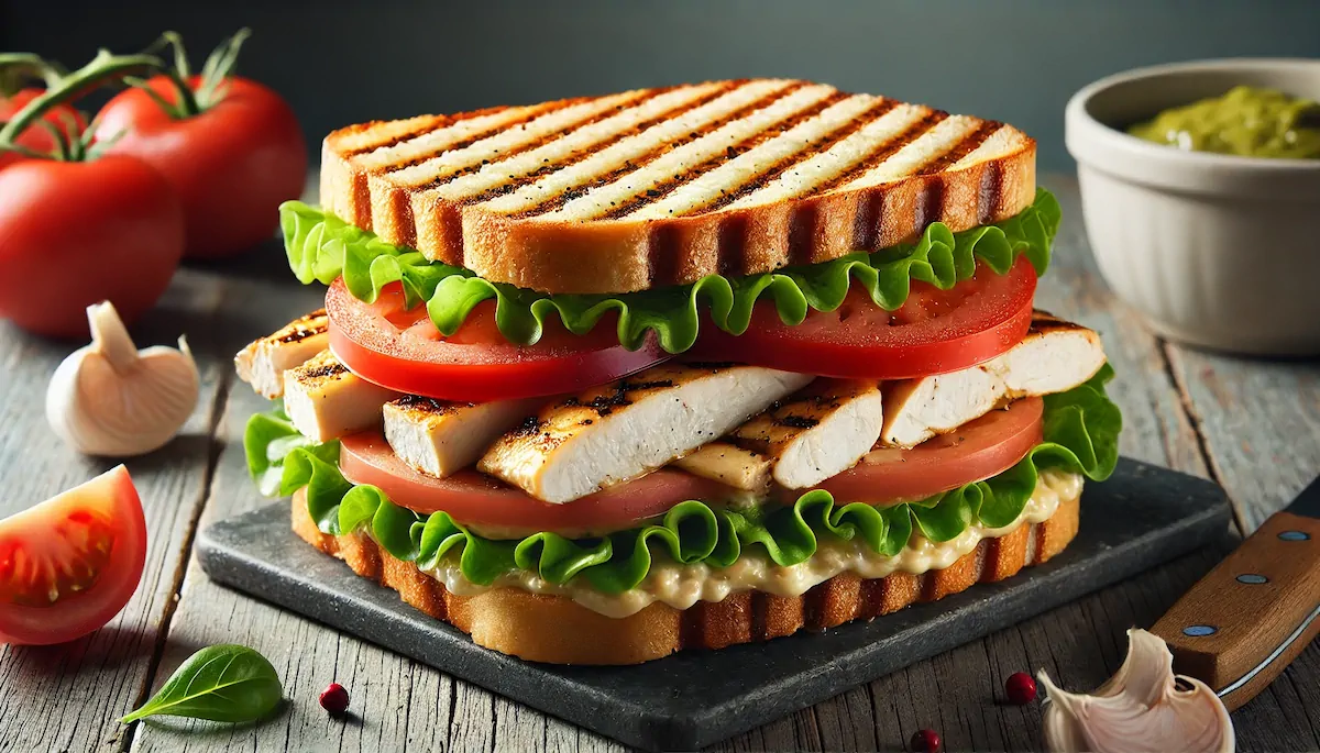 A grilled chicken sandwich displaying layers of lettuce, tomato slices, and a grilled chicken steak nestled between slices of bread.