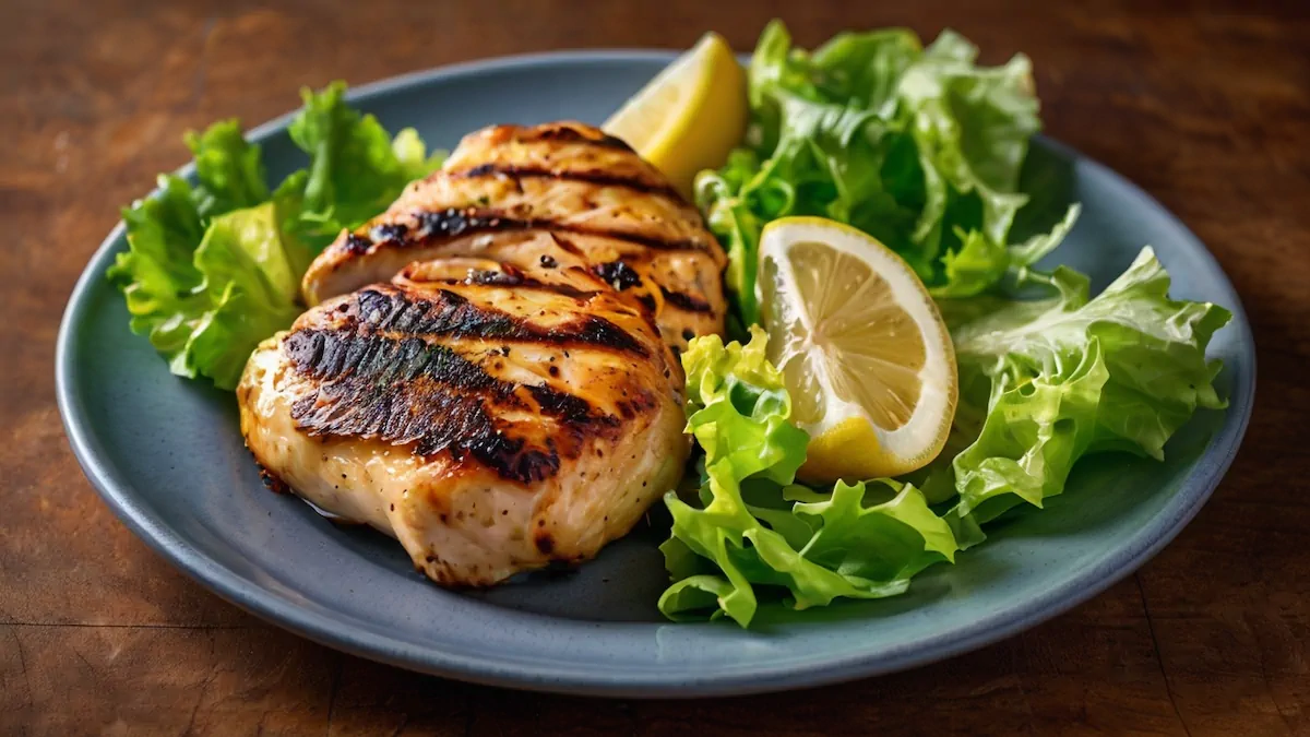 Grilled chicken breast served on a plate with lettuce and lemon wedges.