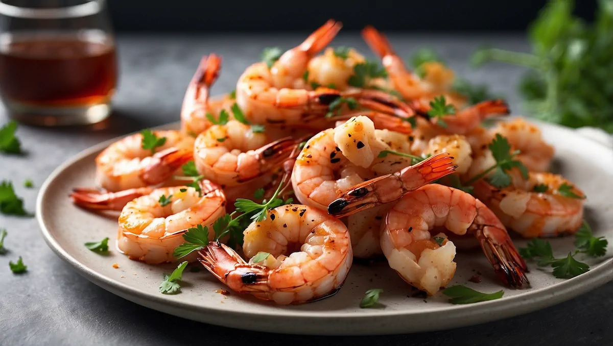 Grilled shrimp served on a round white plate and garnished with cilantro leaves.