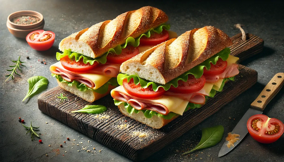 Two foot-long sandwich cut and revealing layers of lettuce, ham, cheese, tomato slices and lettuce. 