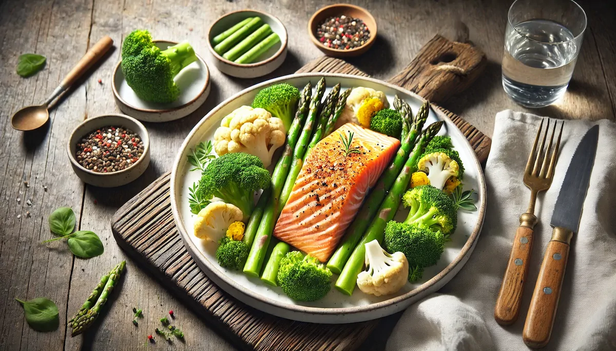 Herb-crusted salmon fillet served with asparagus, cauliflower, and broccoli.