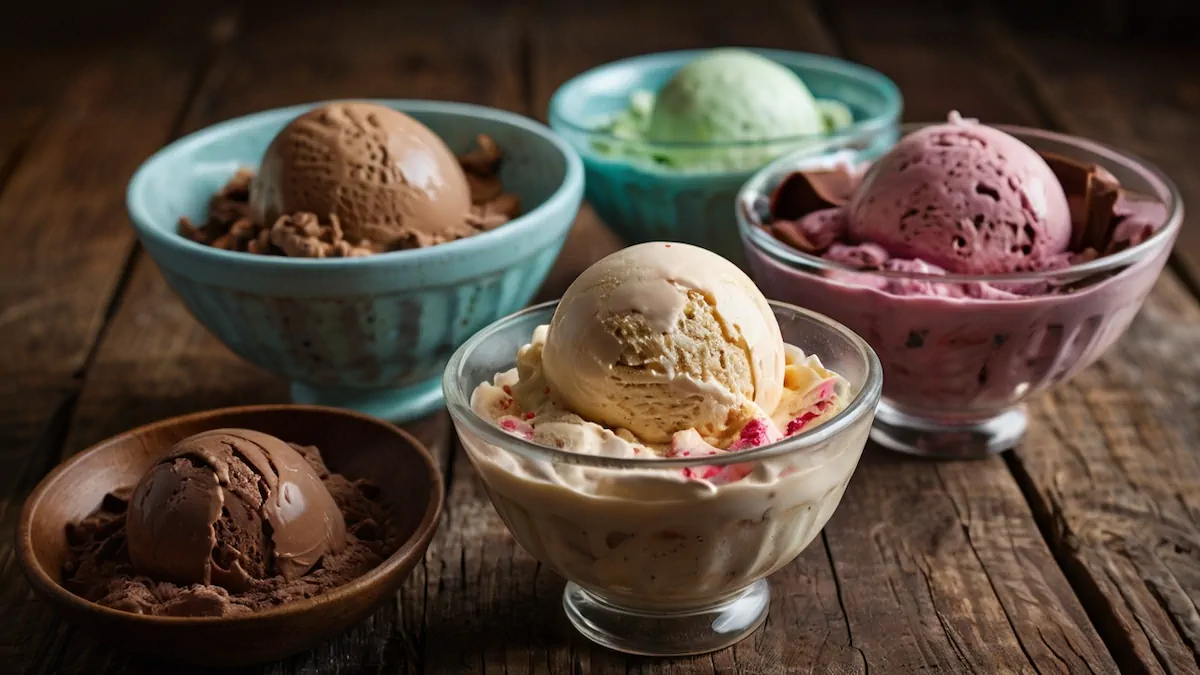 Assorted ice creams served in different glass bowls.