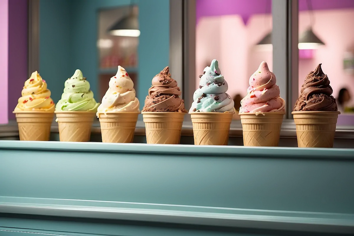 Assorted ice creams in an ice cream parlor.