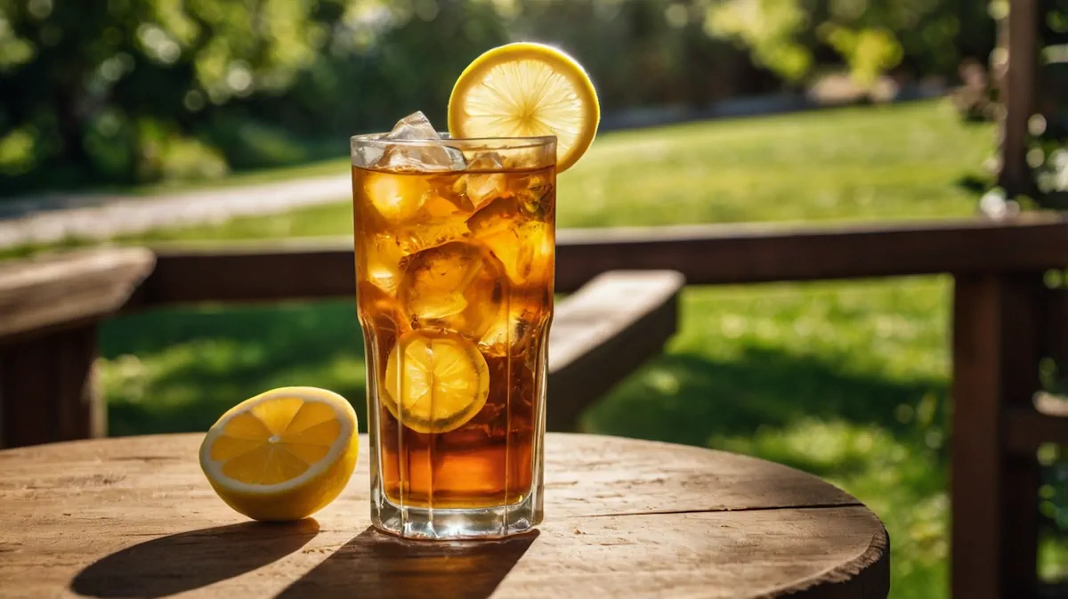 An iced tea filled with lots of ice cubes and decorated with a slice of lime.