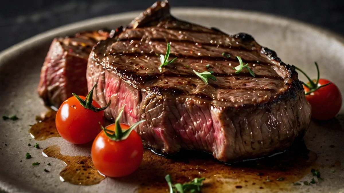 A close-up shot of steaks with pink centers accompanied by cherry tomatoes.