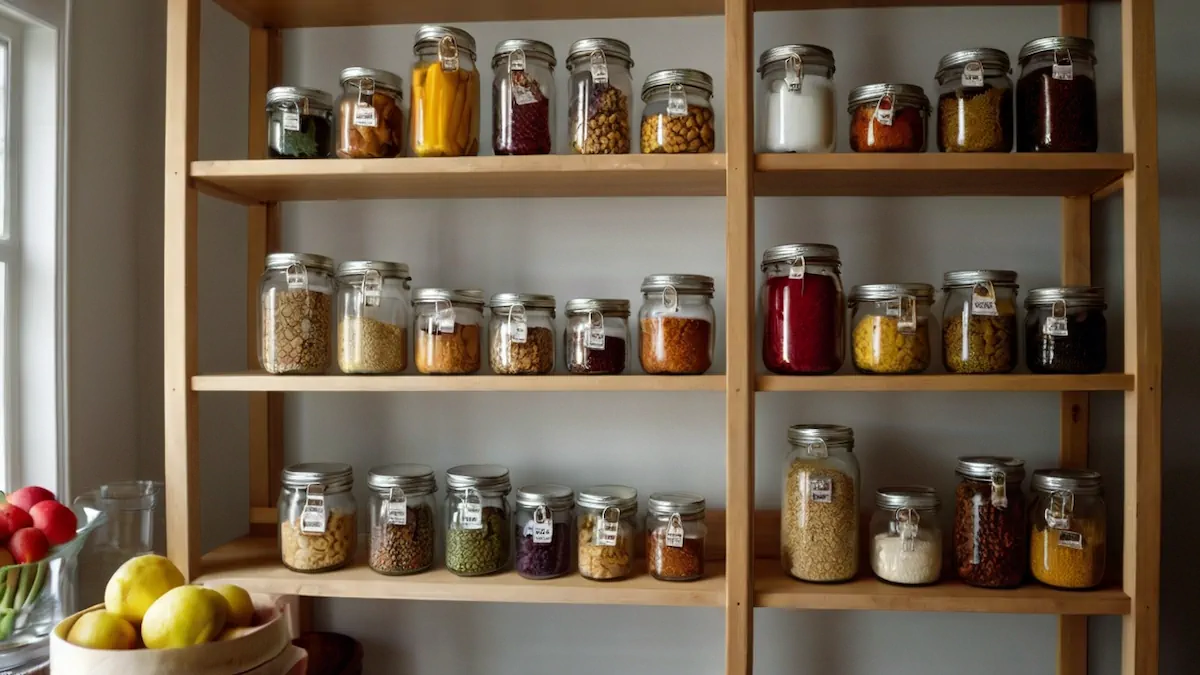 A pantry with shelves of jars containing food items.