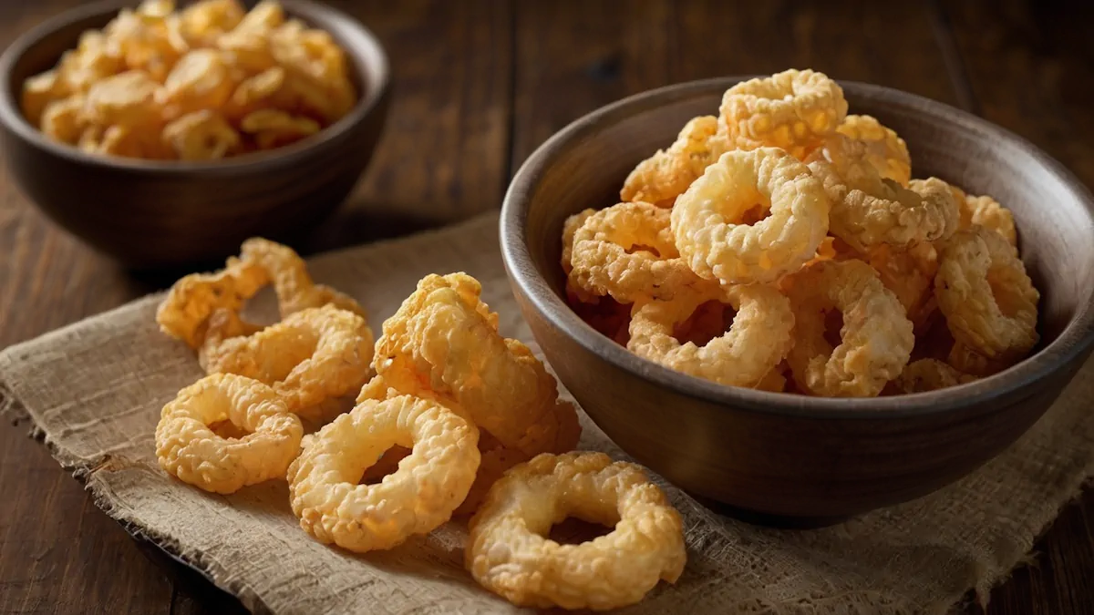 Pork rinds in a brown, earthen-colored bowl.