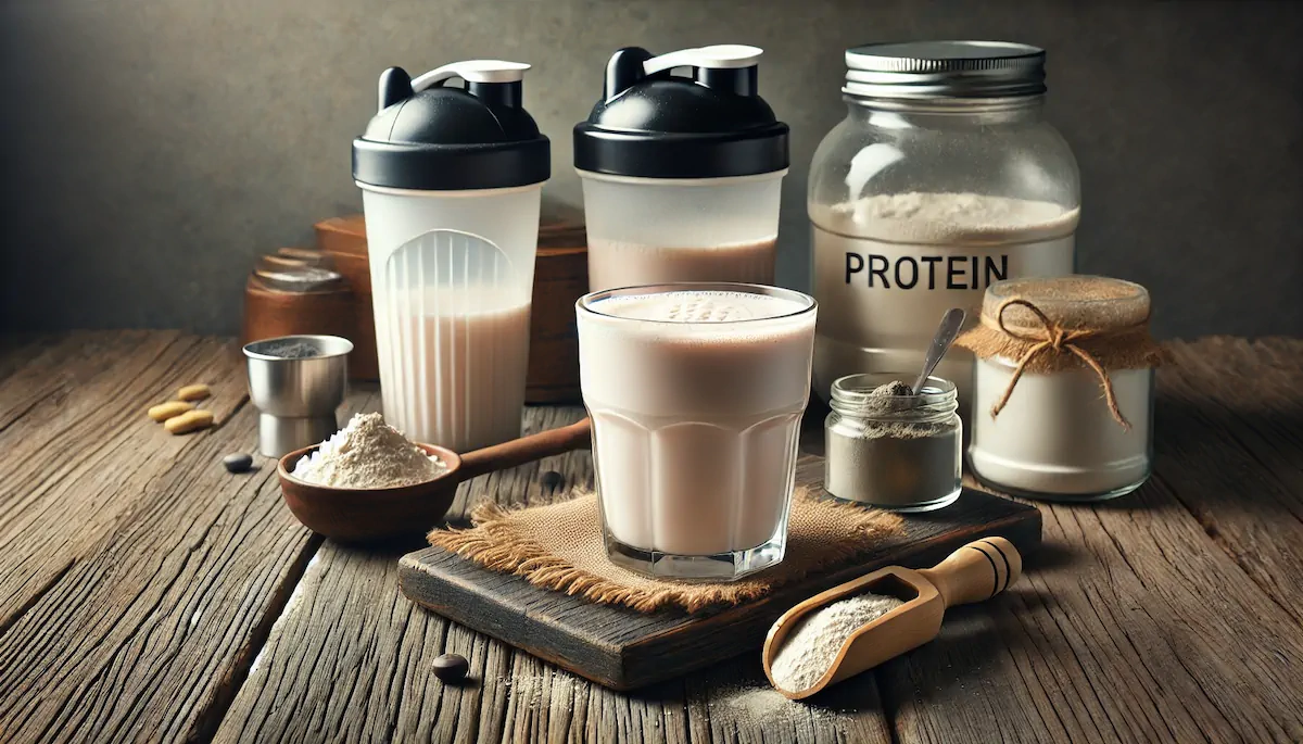 A protein shake served in a transparent glass, protein powder, a shaker, and a protein jar displayed on a wooden table.
