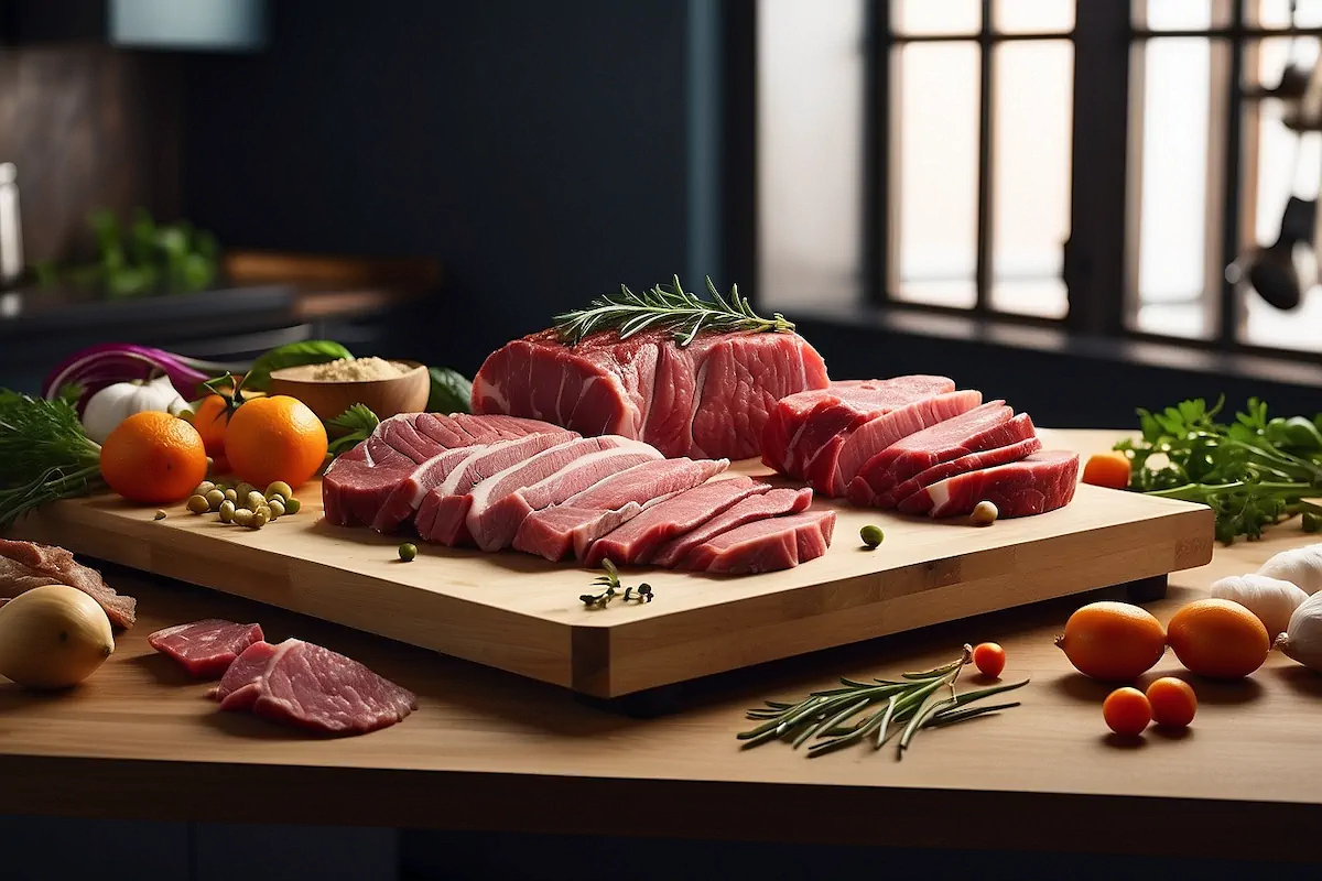Raw beef sliced and presented on a wooden chopping board beside some fruits and veggies.