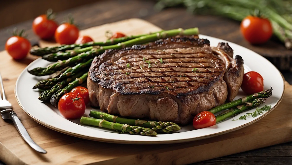 Bone-in ribeye served on a white plate alongside grilled asparagus and tomatoes.