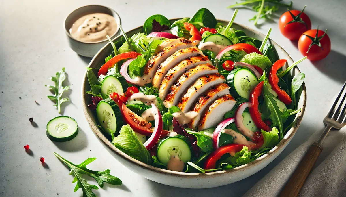 A bowl of grilled chicken salad with cucumber and greens alongside a bowl with dressing and a fork.
