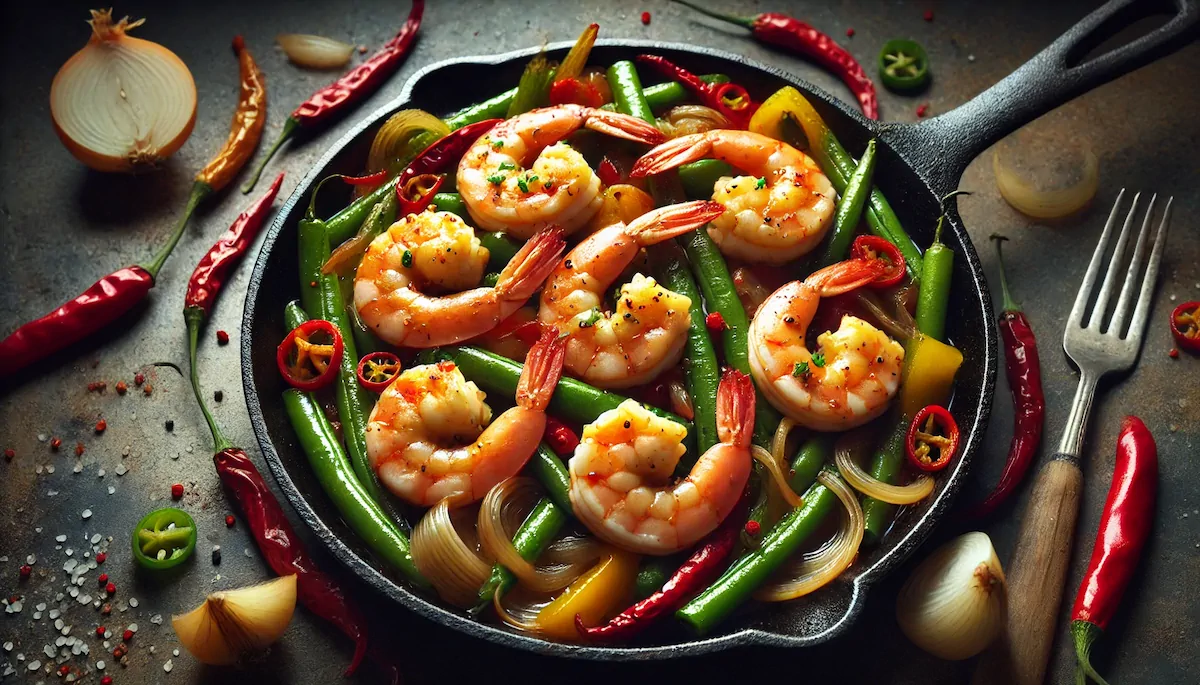 Firecraker shrimp with string beans in a cast iron skillet.