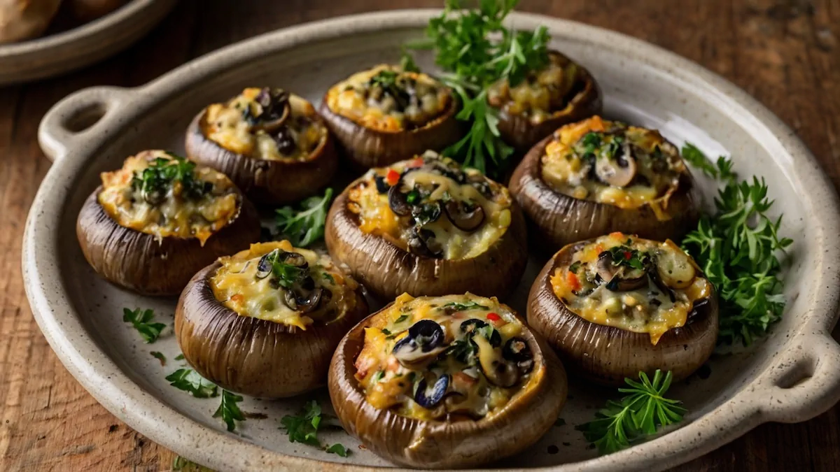 A close-up shot of a stuffed mushroom filled with cheese, tomatoes, olives, and more, garnished with fresh greens.