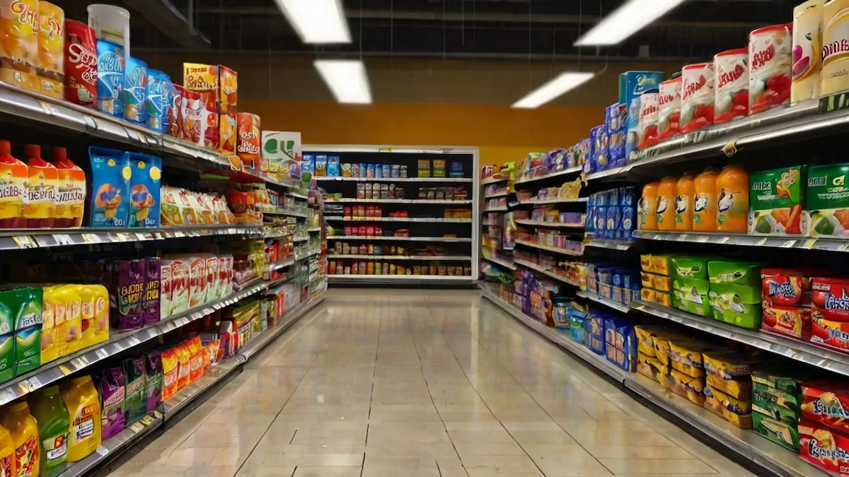 An aisle in a supermarket, stocked with a variety of products on the shelves.