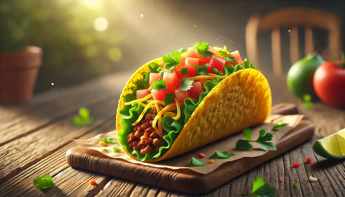 A taco with lettuce, ground beef, diced tomatoes, garnished with cilantro, and served on a wooden board lined with parchment paper.