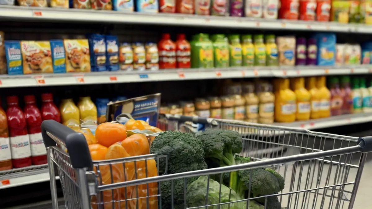A shopping trolley half-filed with fruits and veggies in a supermarket.