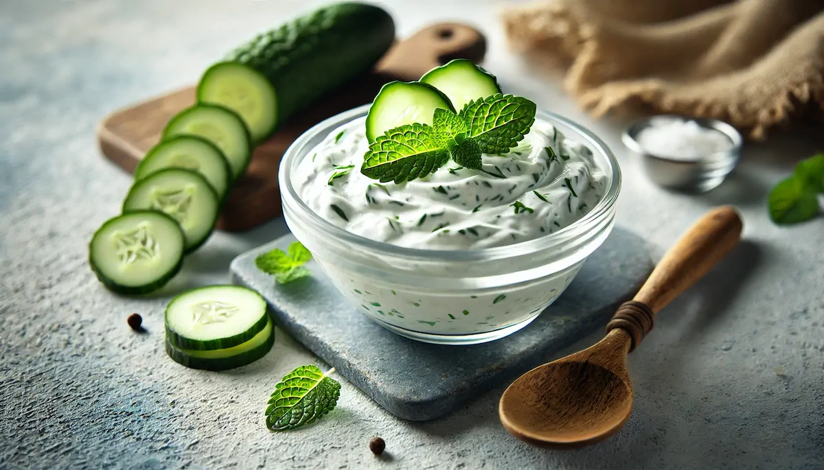 Tzatziki served in a glass bowl, garnished with a sprig of mint and cucumber slices.