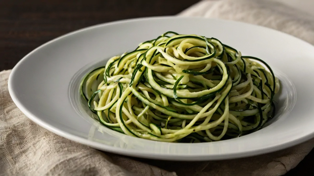 Spiral zucchini noodles served on a white round plate.