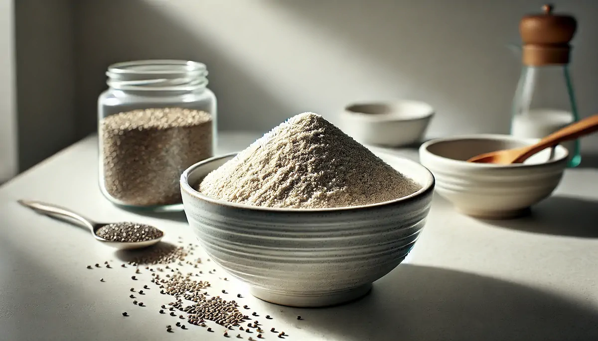 Chia seed flour in a white bowl beside a spoonful of chia seeds.