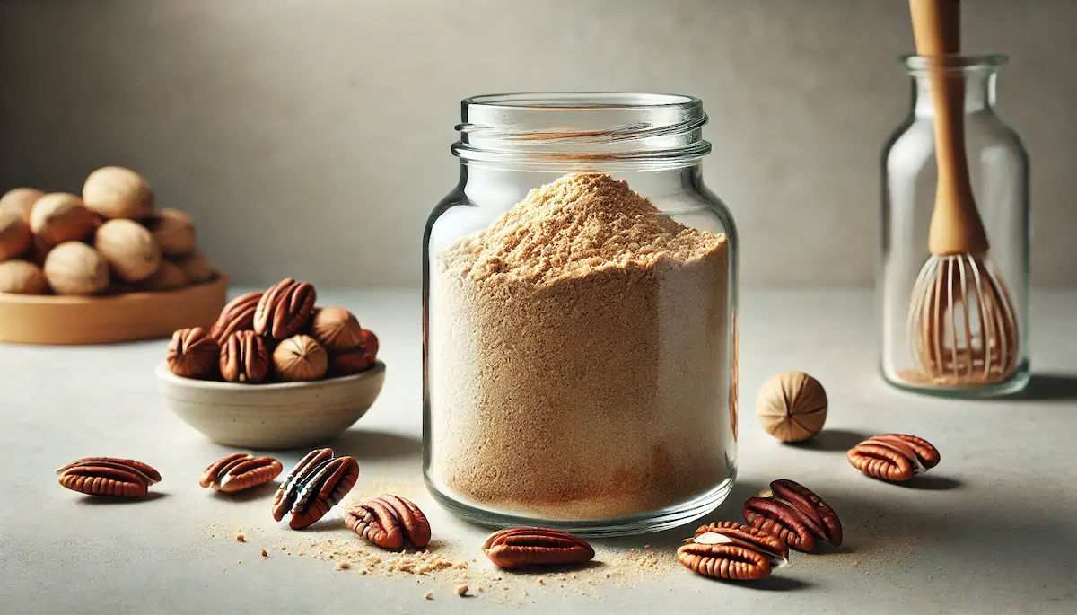 Pecan flour in a transparent glass jar.