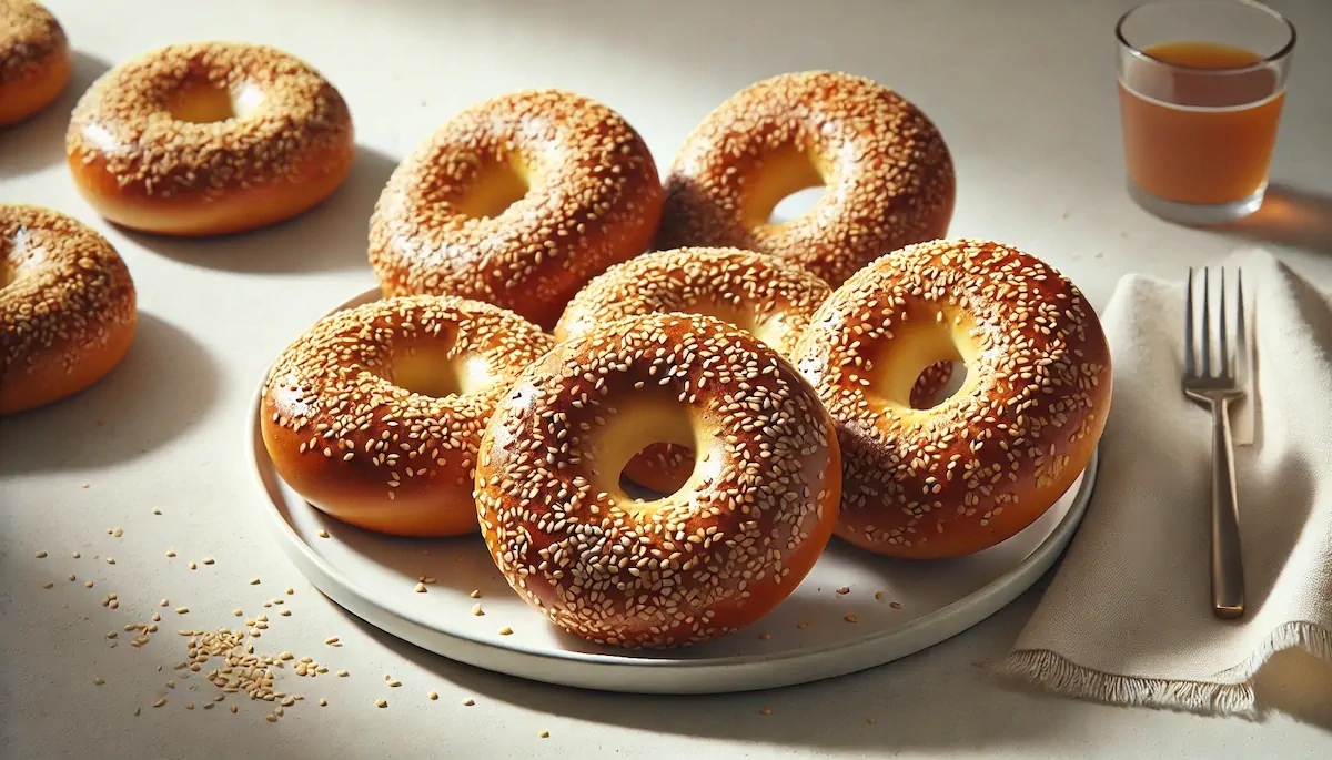 Freshly baked keto bagels served on a round plate.