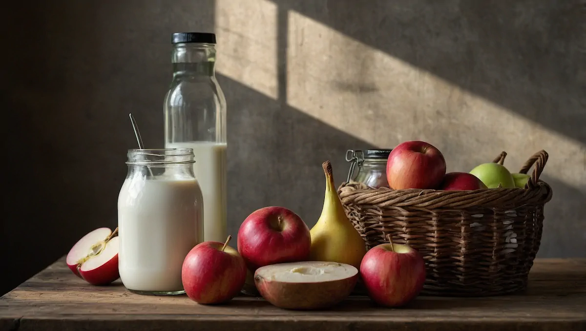 A table with a wooden based filled with fruits alongside some milk products.