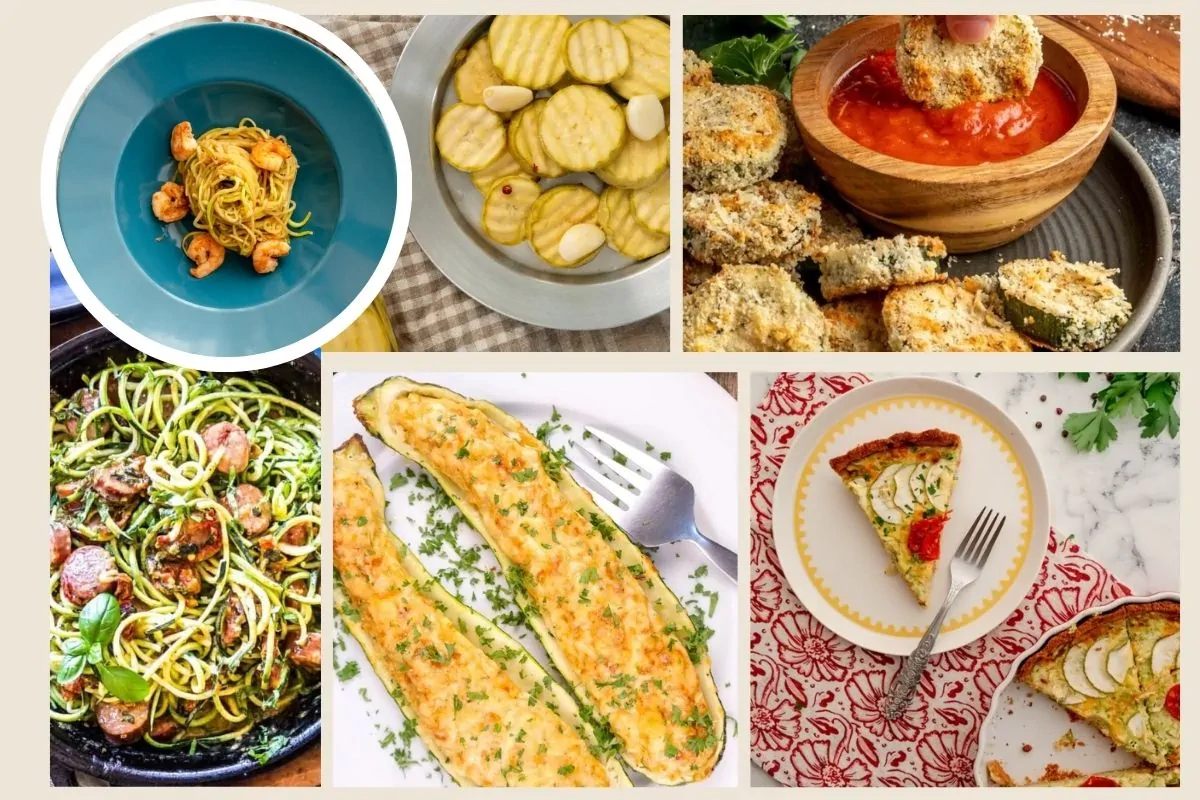 A collage of zucchini recipes.