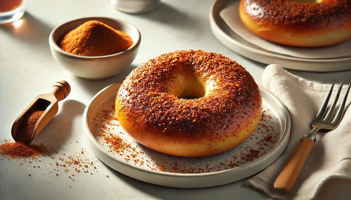 A sweet cinnamon bagel served on a white ceramic plate.