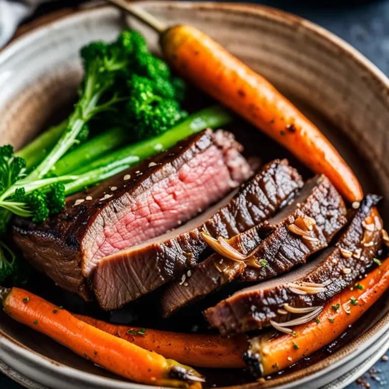 Close-up of sliced roast beef with a pink center, served with roasted carrots