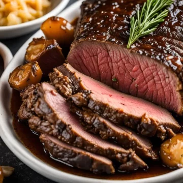 Sliced medium-rare roast beef with roasted carrots and greens, garnished with fresh herbs