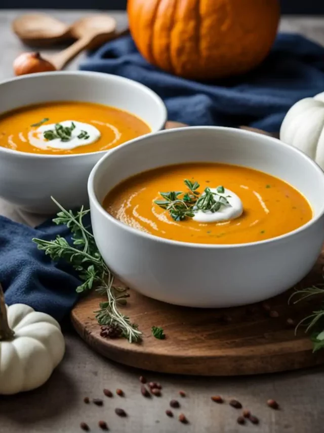 Keto pumpkin soup served in grey ceramic bowls.