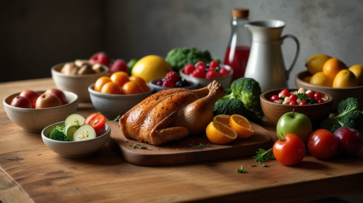 A spread of fruits, veggies and chicken roast on a wooden table.