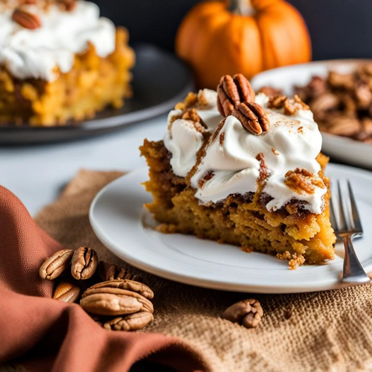 A slice of keto pumpkin dump cake served on a white round plate with a fork.