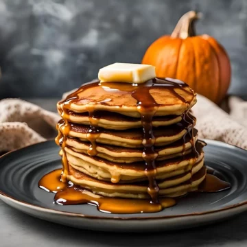 A stack of golden pancakes served on a grey plate.