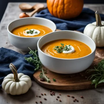 Keto pumpkin soup served in grey ceramic bowls.