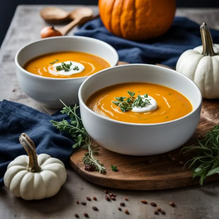 Keto pumpkin soup served in grey ceramic bowls.