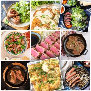 A photo collage of keto steak dinner ideas.