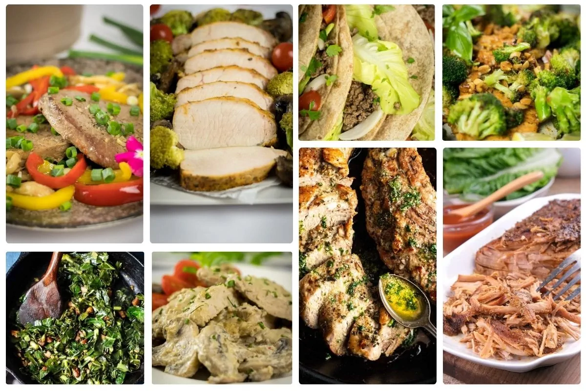A photo collage of keto pork recipes.