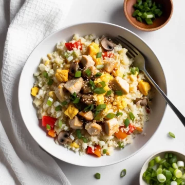 Keto fried rice with chicken and veggies served in a white bowl with a fork.