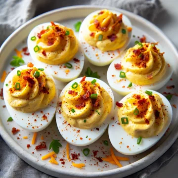 Keto Cheddar Bacon Deviled Eggs garnished with green herbs, paprika and bacon.