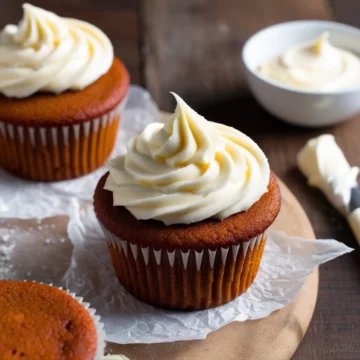 Keto cupcakes with cream cheese frosting served on a wooden board lined with parchment paper.