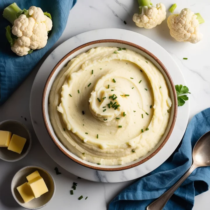 Keto Mashed Potatoes garnished with fresh herbs and served in a white bow.