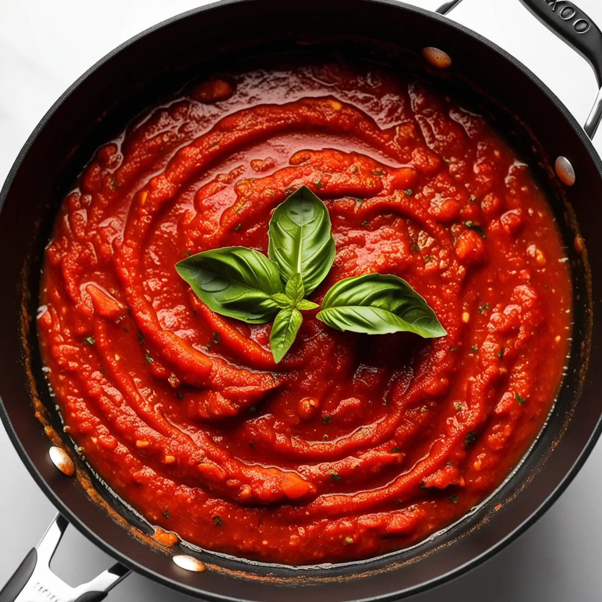 Keto Pasta Sauce in a cast iron skillet and garnished with a sprig of fresh herb.