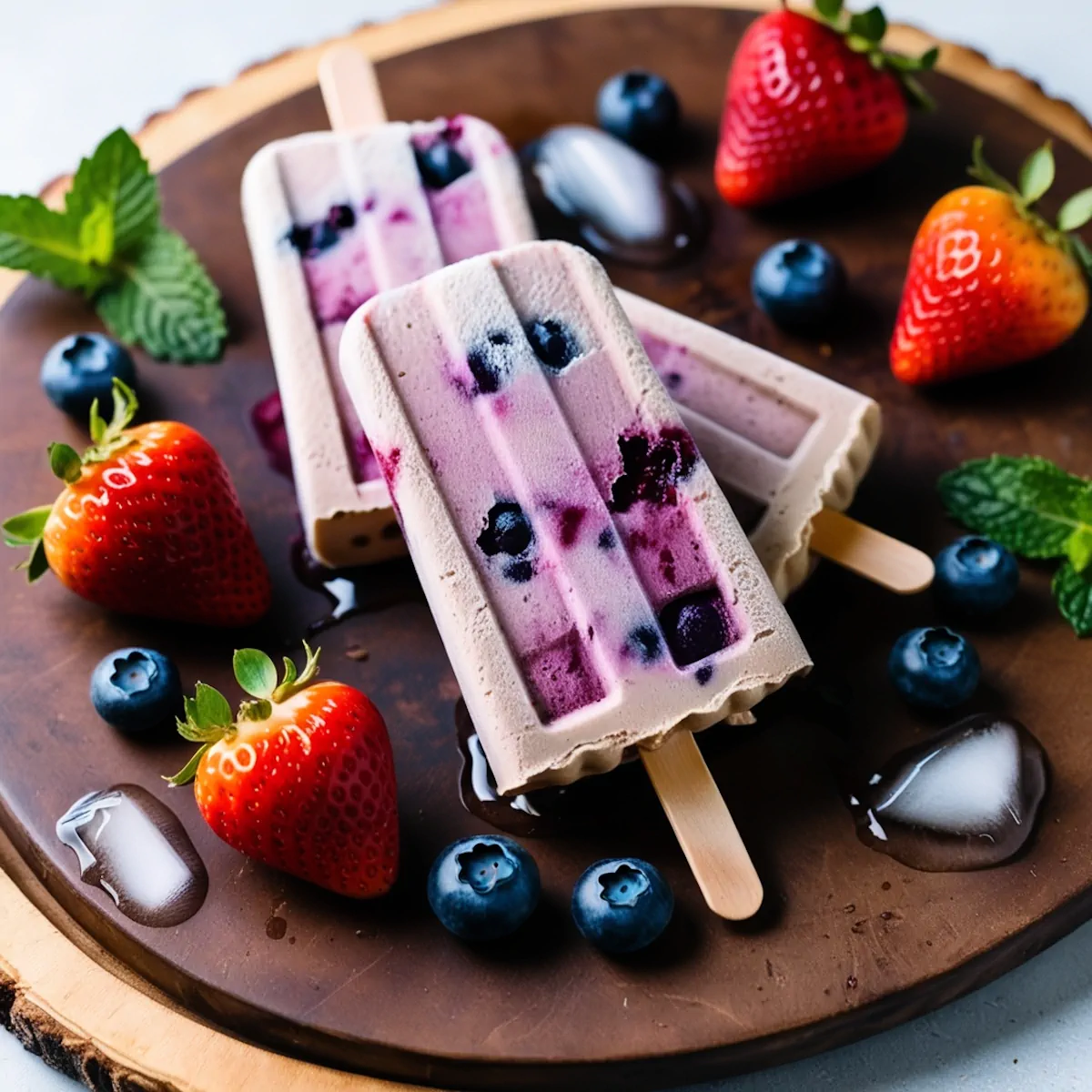 Three keto popsicles artfully stacked one over the other, surrounded with a few strawberries and blueberries.